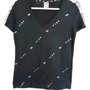 Victoria Secret Pink SZ XS. Black W/Silver Dogs & Logo. Sequin Accents